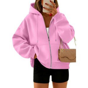 Women's Fashion Pink Sweatshirts Hoodies Trendy Zip Up Outfits Fleece Clothes